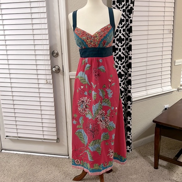 Anthropologie Dresses & Skirts - Anthropologie Edme & Esyllte silk dress sz 4 pink navy fully lined lace hem boho